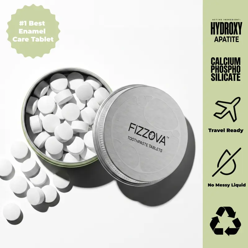 FIZZOVA Toothpaste Tablets, 30 Count Fresh Mint Toothpaste Tabs with Hydroxyapatite, Calcium Phosphosilicate, Xylitol & Probiotics, Fluoride-Free, SLS-Free, Vegan, Plastic-Free, Fast-Foaming Chewable Toothpaste Bites in Reusable Aluminum Travel Tin
