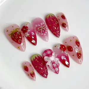 Almond Nail Autumn Winter Strawberry Pearl Rhinestone Heart Flower Drop Nails, 3D Bow Press-On False Nails for Women Wedding Nails, Rhinestone Bow Decorated