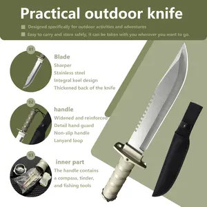 Outdoor Survival Knife with Built-in Compass & Fire Starter Kit, Non-Slip Fixed Blade Utility Tool for Camping & Fishing