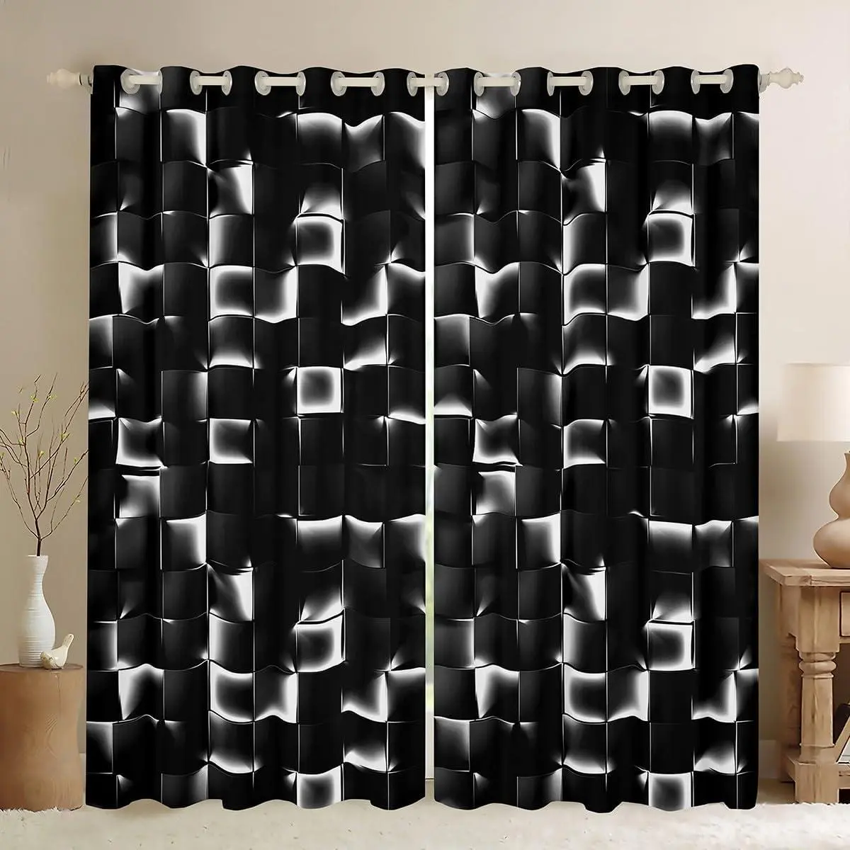 Geometric Checkered Window Drapes 2 Panels Neon Black White Blackout Curtains for Kids Boys Teen Men Gamer Room Decor,Abstract Ombre Plaid Grids Window Curtains
