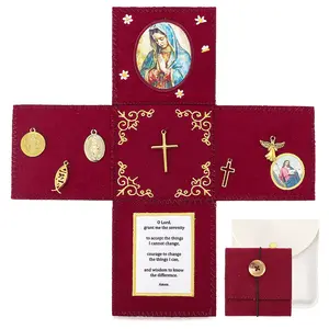 Ladies' Felt Prayer Pocket with Inspirational Prayer Text – Red Wool Felt Travel Altar with Guadalupe Virgin & Gold Cross | Handmade Christmas Gift for Women | Portable Pocket Shrine with Rosary Storage & Elegant Embroidery
