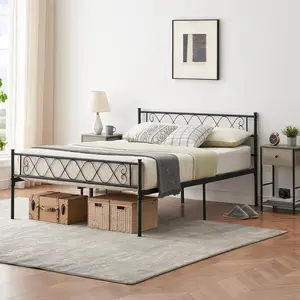 Queen Size Metal Bed Frame with Heart Headboard and Footboard 12.2in Underbed Storage