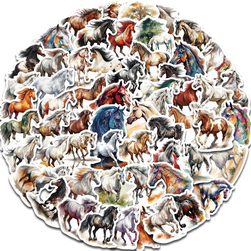 Horse Pattern Sticker, 60pcs/set Watercolor Horse Pattern Decorative Sticker, DIY Decals for Water Bottle, Laptop, Phone Case, Scrapbooking, Journal Making, Ornaments, Decoration