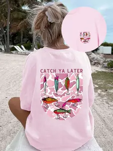 Women's Milk Silk Fabric T-Shirt, Round Neck Short Sleeve, Fish Hook Pattern, Casual Comfortable Fashion, Outdoor Travel Beach Vacation, Summer