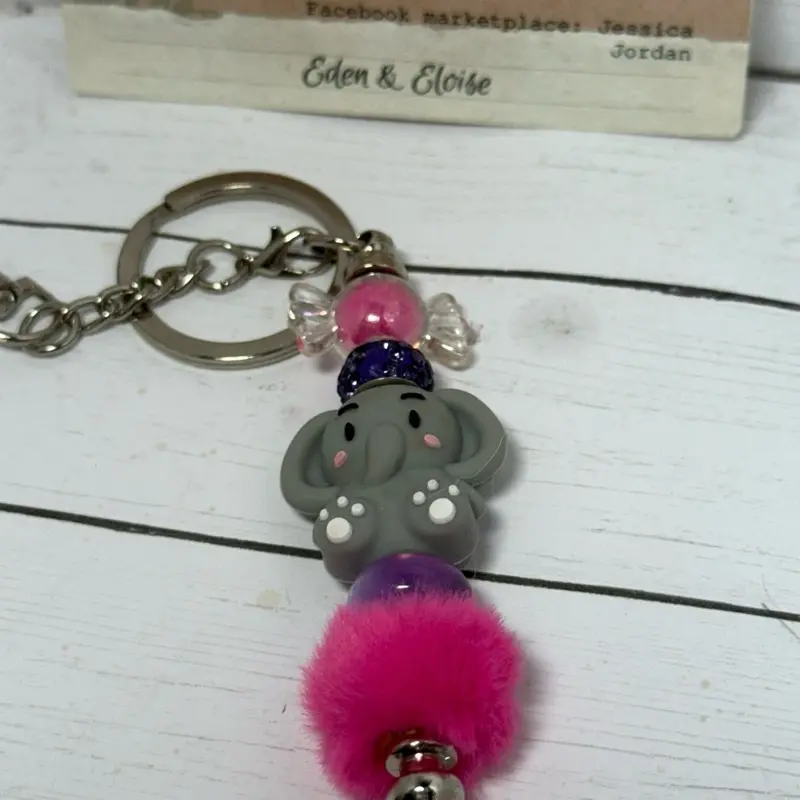 Eden & Eloise Adorable Elephant Keychain with Pink Fur Pom Pom and Beaded Accents for Kids and Adults