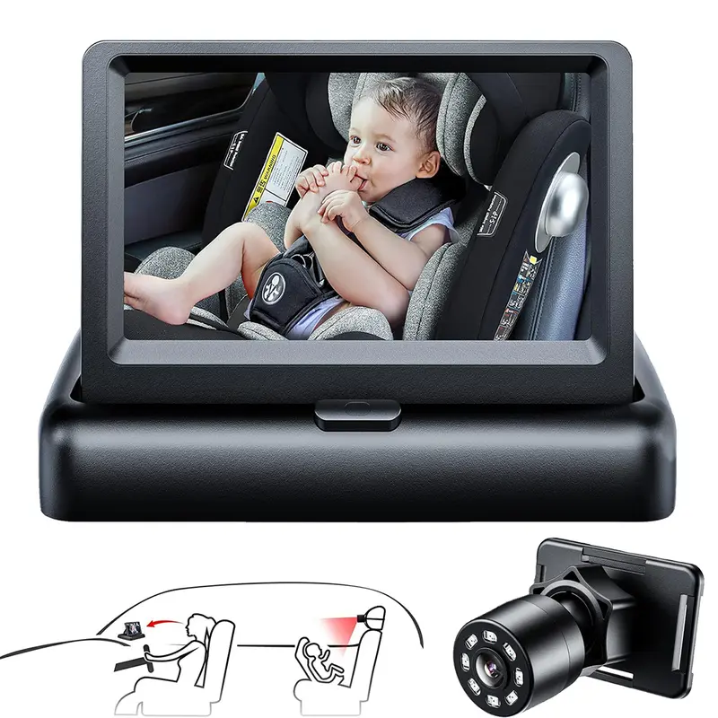 4.3in LCD Headrest Mount Monitor, HD Night Vision Car Rear Seat Display with Stable No-Vibrating Camera View, Power Cord for Easy-to-Use Parent Passenger Observation