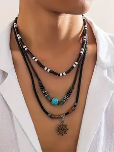 Boho Style Steering Wheel Turquoise Beaded Necklace Set, Pendant Design, Multi-Piece Braided Rope Alloy Jewelry Series, Nautical Ethnic Wind Accessories