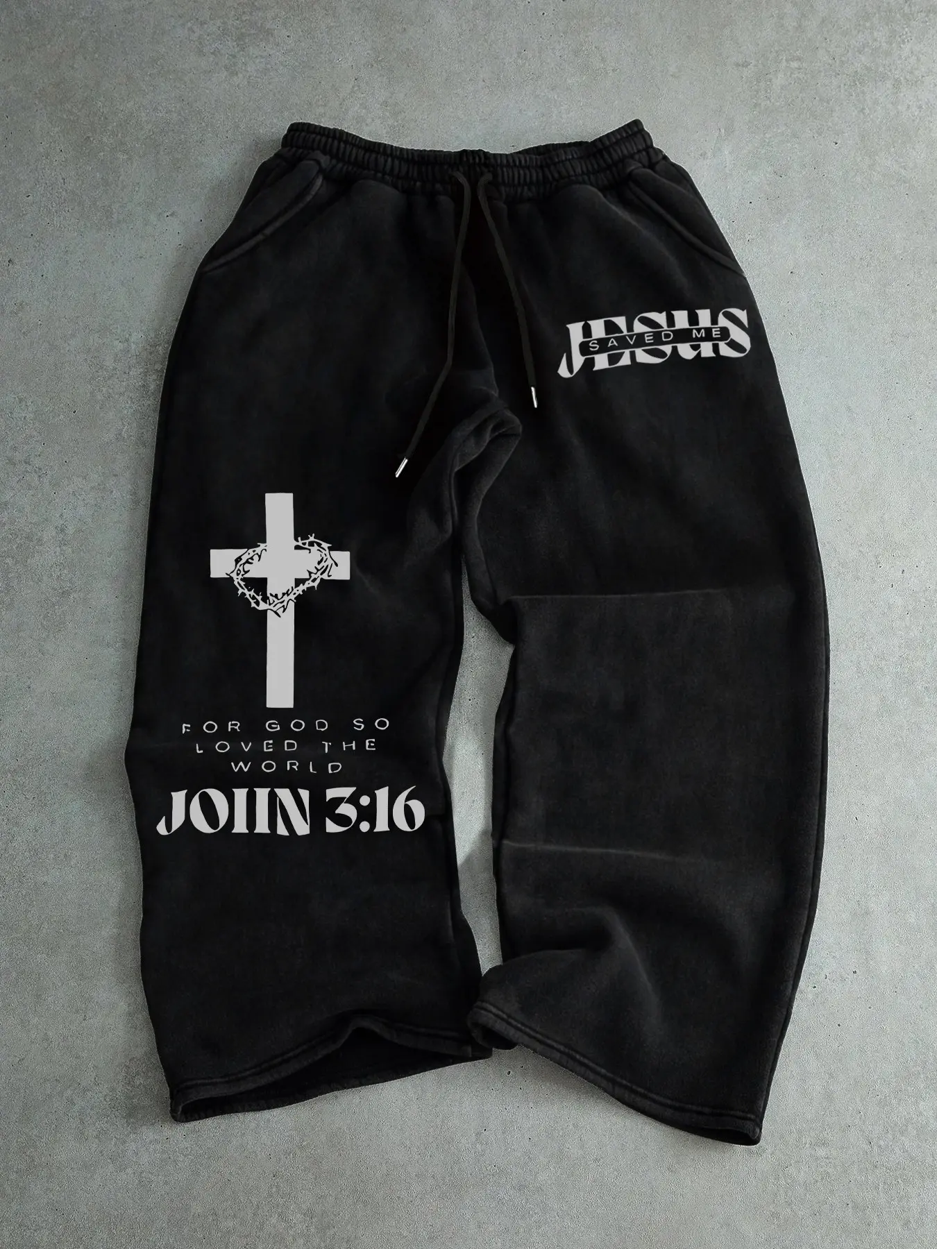 Men's Casual Sporty Long Pants, Jesus Cross Pattern Print, Drawstring Wide Leg, Loose-Fitting, All Seasons Wear, Men's Fashion, Athleisure Design, Letter Print Sweatpants, Athleisure Style Bottoms