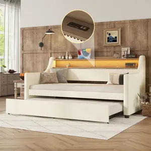 [SOIYELIFE] White Twin Size Daybed with Trundle, Charging Station & LED Lights, Modern Upholstered Design for Bedroom or Guest Room