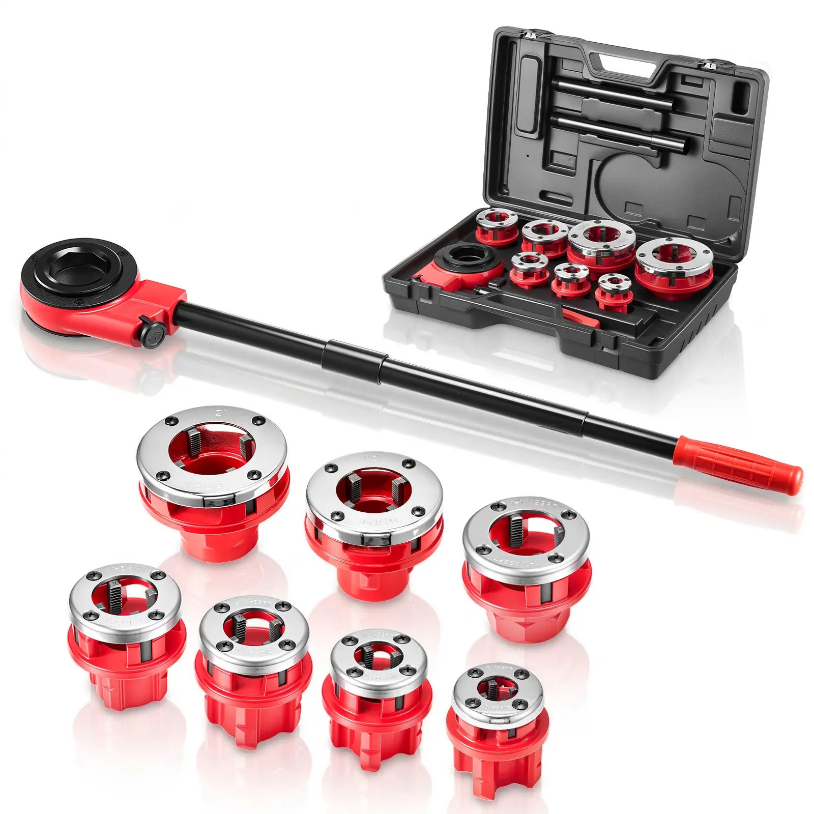 【summerfinds】VEVOR Ratchet Pipe Threader Kit with 7 Dies, 3/8" BSPT to 2" BSPT Manual Ratcheting Pipe Threading Tool, Portable Pipes Threader Set with Toolbox for Plumbing Installation & Repair