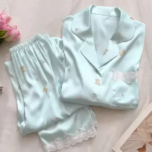 Korean Cartoon Little Bear Sweet Women's 2pc Pajamas Kawaii Cute Simple Y2k Lace Sleepwear  New Autumn Short Sleeve+pant Set