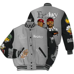 Friday Stress Letterman Varsity Bomber Jacket, Chunky Urban Graphic Streetwear Outerwear, Retro Inspired Statement Piece