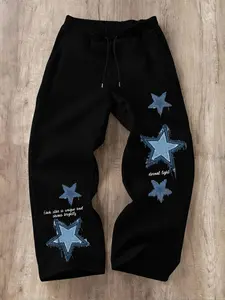 Unisex Y2K Distressed Jeans Star Print Wide Leg Pants, Retro Unique Stars Slogan, Elastic Drawstring Street Style Long Trousers