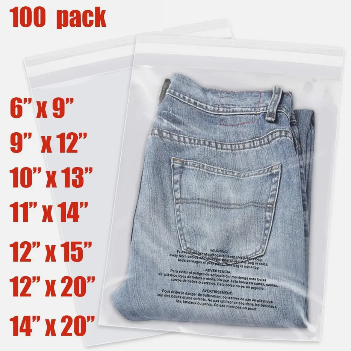 Clear Poly Bags with Suffocation Warning Self Seal Merchandise Packaging 100 Pack Various Sizes 6x9 9x12 10x13 11x14 12x15 12x20 14x20