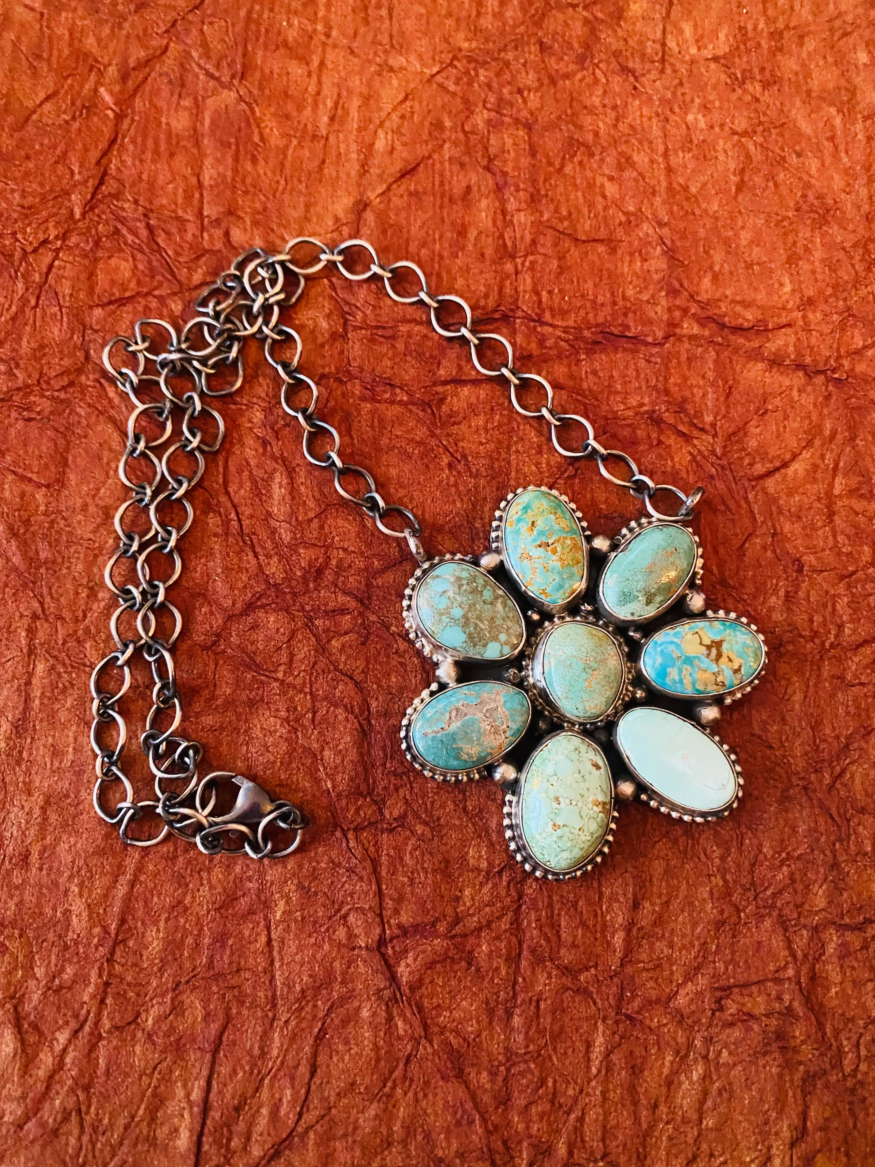 Handcrafted Sterling Silver & Carico Lake Turquoise Cluster Necklace