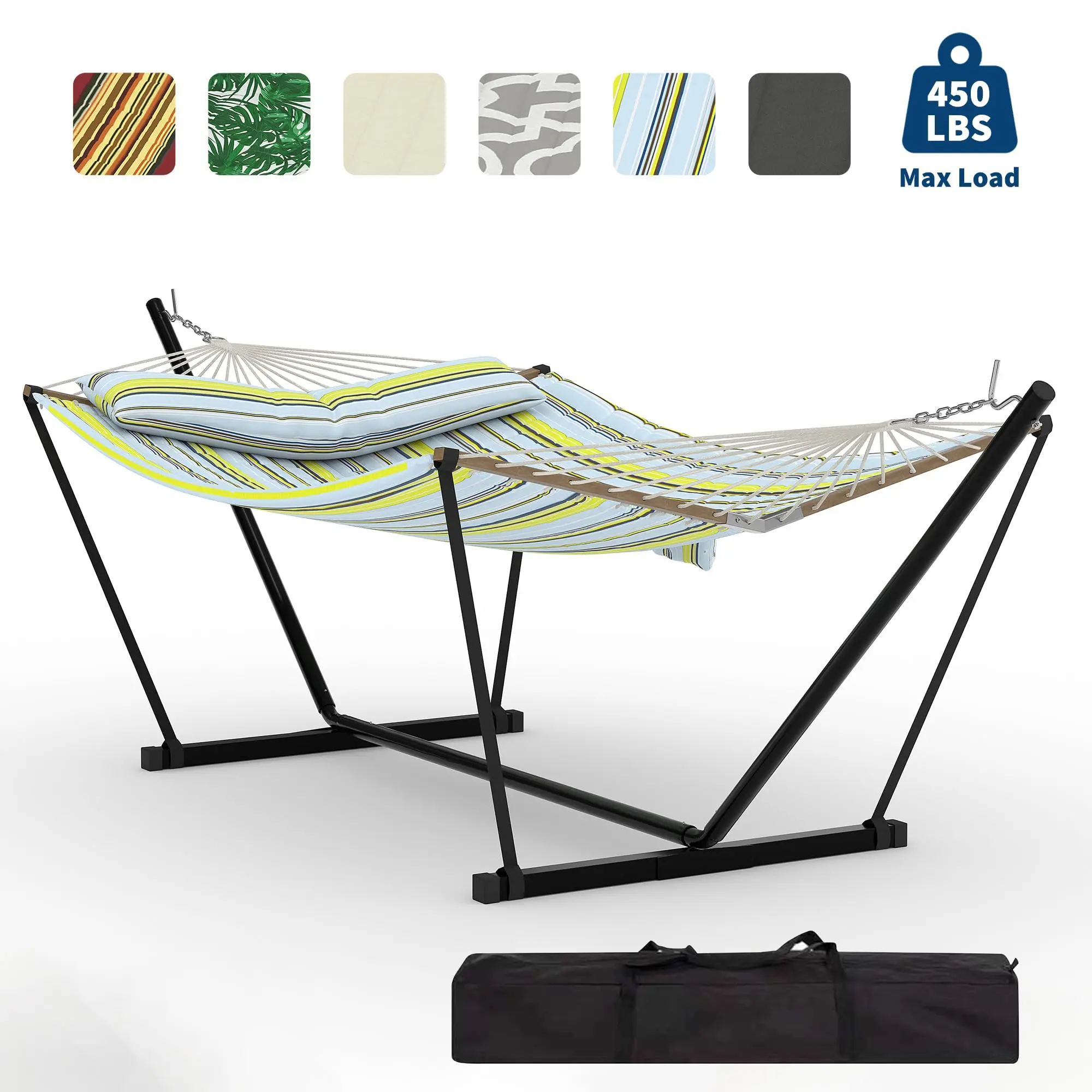 2 Person Outdoor Hammock with Stand, Heavy Duty Double Hammock Equipped with Balance Rope, 450 LBS Weight Capacity, Portable Design for Patio, Backyard, Garden & Beach