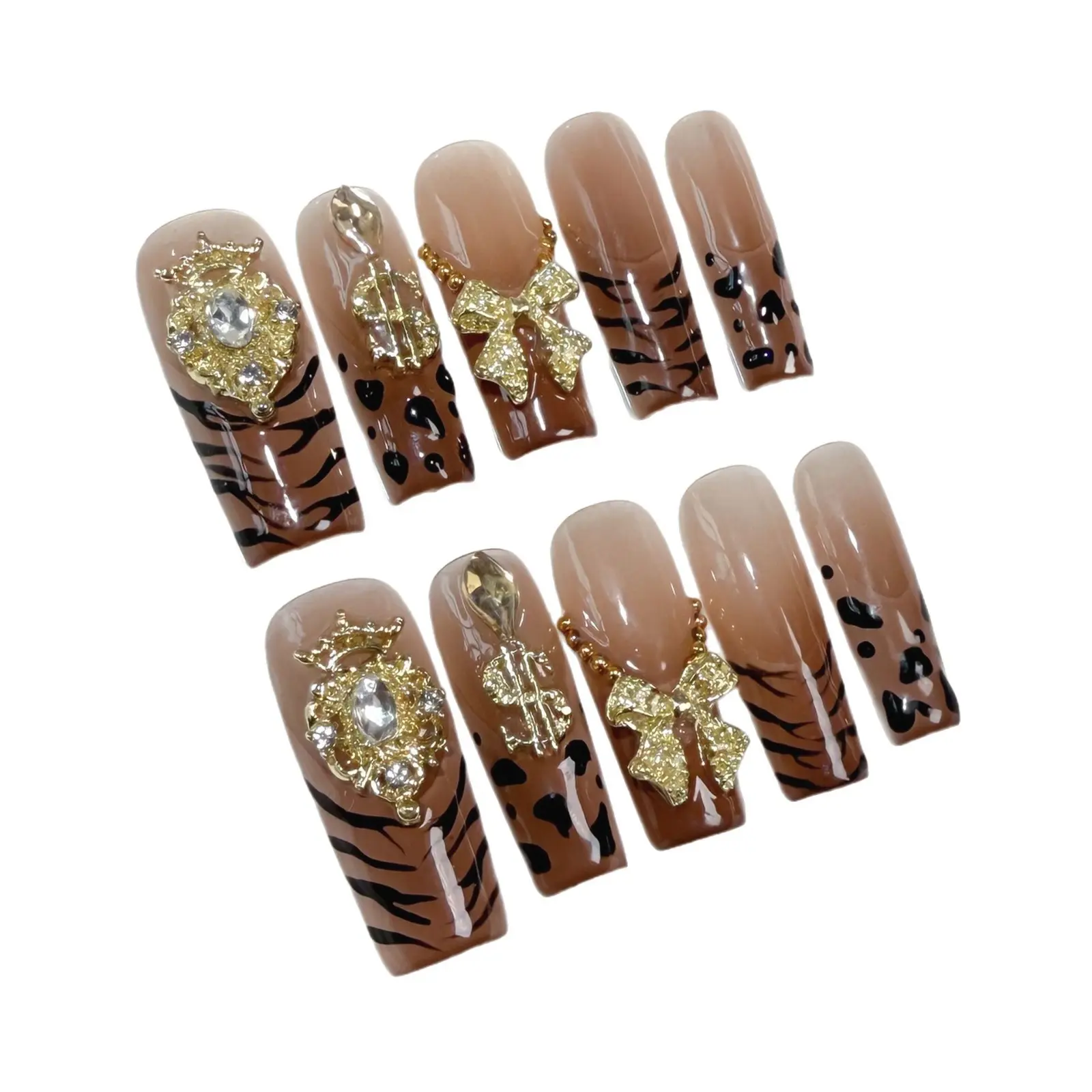 Handmade Press On Nails Kit, Short Square Luxury Acrylic Nails with Tiger & Cow Print, French Tips, and Gold Bows