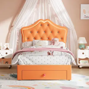 Twin Size Upholstered Bed with Crystal Button Headboard, Double Layer Padded Platform with Storage Drawers Plywood Frame, Faux Leather