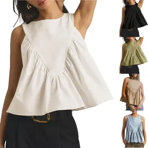 YeoKou Women's Peplum Tank Top - Minimalist Basic Breathable Stretchy Shirred Swing, Pleated Flowy Sleeveless Blouse, Loose Fit Ruffled Casual Vest