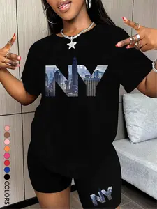 Two-Piece Set Women's NY Letter Print Short Sleeve Tee & Skinny Shorts, Casual Round Neck T-Shirt & Shorts for Daily Wear, Ladies Summer Clothes, Fashion Style Sets, Suits, Biker Shorts Set, Summer Clothing Set