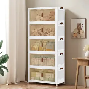 5 Layers Storage bin with lid, foldable storage bin, front open and top home office closet storage arrangement, folding plastic clothing locker 360° wheels,