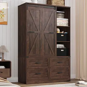 Farmhouse 3 Doors Armoire Wardrobe Closet w/Folding Sliding Barn Door and Lights, LED Armoire Closet w/Drawers for Bedroom, Freestanding Wooden Wardrobe Storage Closets w/Hanging Rod