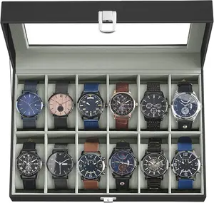 Watch Box, 12-Slot Watch Case with Large Glass Lid, Removable Watch Pillows, Watch Box Organizer, Gift for Loved Ones, Black Synthetic Leather