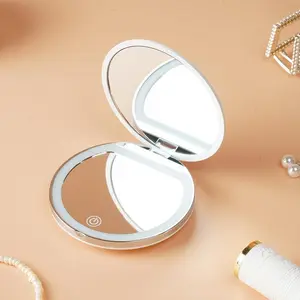 High-Definition Mirror Magnification Patch Mirror Three Level Dimming Portable Flip Cover Circular Folding LED Makeup Mirror With One Side Enlarged 2X Beauty Mini USB Light Emitting Charging Small Mirror