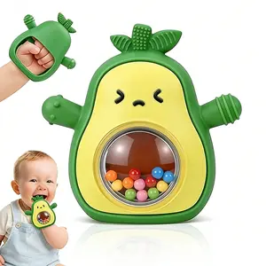 cute avocado Shaped Baby Newborn Teething Rattle, Multi-Textured Silicone Teether with Multiple Chew Points,Hand Grip Rattle Teether, Sensory Play Toy