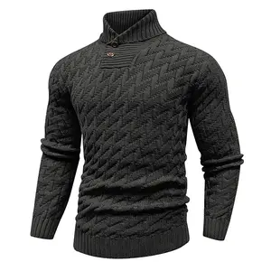 Men's 3D Herringbone Textured Solid-Color High-Neck Long-Sleeve Knitted Tops - Relaxed-Fit Menswear for Business Outfits, Casual Commuting