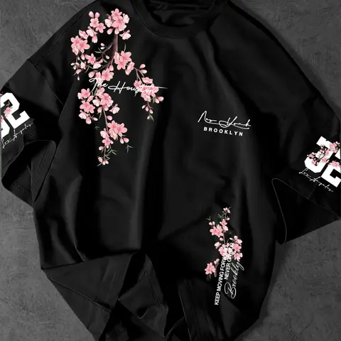 Unisex Oversized Cherry Blossom Graphic Crew Neck T-Shirt, Japanese Sakura Print Casual Loose Fit Streetwear Tee, Breathable Floral Aesthetic Top for Spring Summer Daily Wear, Breathable Casual Tops