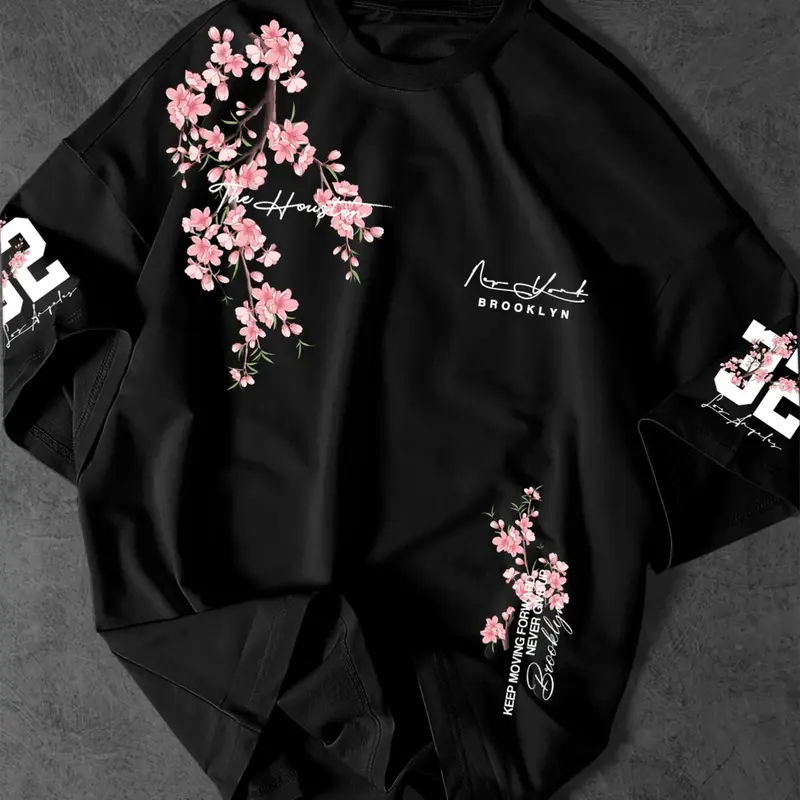 Unisex Oversized Cherry Blossom Graphic Crew Neck T-Shirt, Japanese Sakura Print Casual Loose Fit Streetwear Tee, Breathable Floral Aesthetic Top for Spring Summer Daily Wear, Breathable Casual Tops