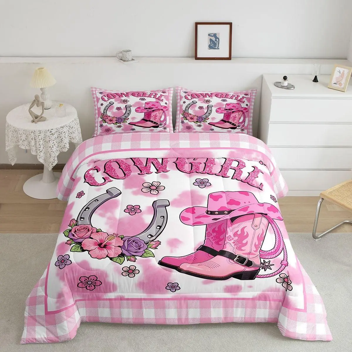 Girls Western Comforter Set,Pink Cowgirl Bedding Set,Western Horse Shoes Southwestern Hat Printed Quilt Comforter,Teens Women Pink Geometric Grid, Bed Comforter Set, Cowboy Print