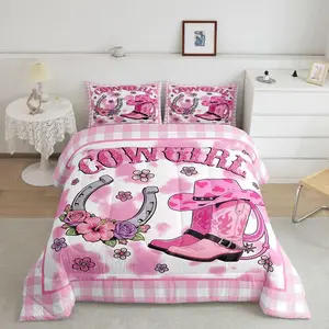 Girls Western Comforter Set,Pink Cowgirl Bedding Set,Western Horse Shoes Southwestern Hat Printed Quilt Comforter,Teens Women Pink Geometric Grid