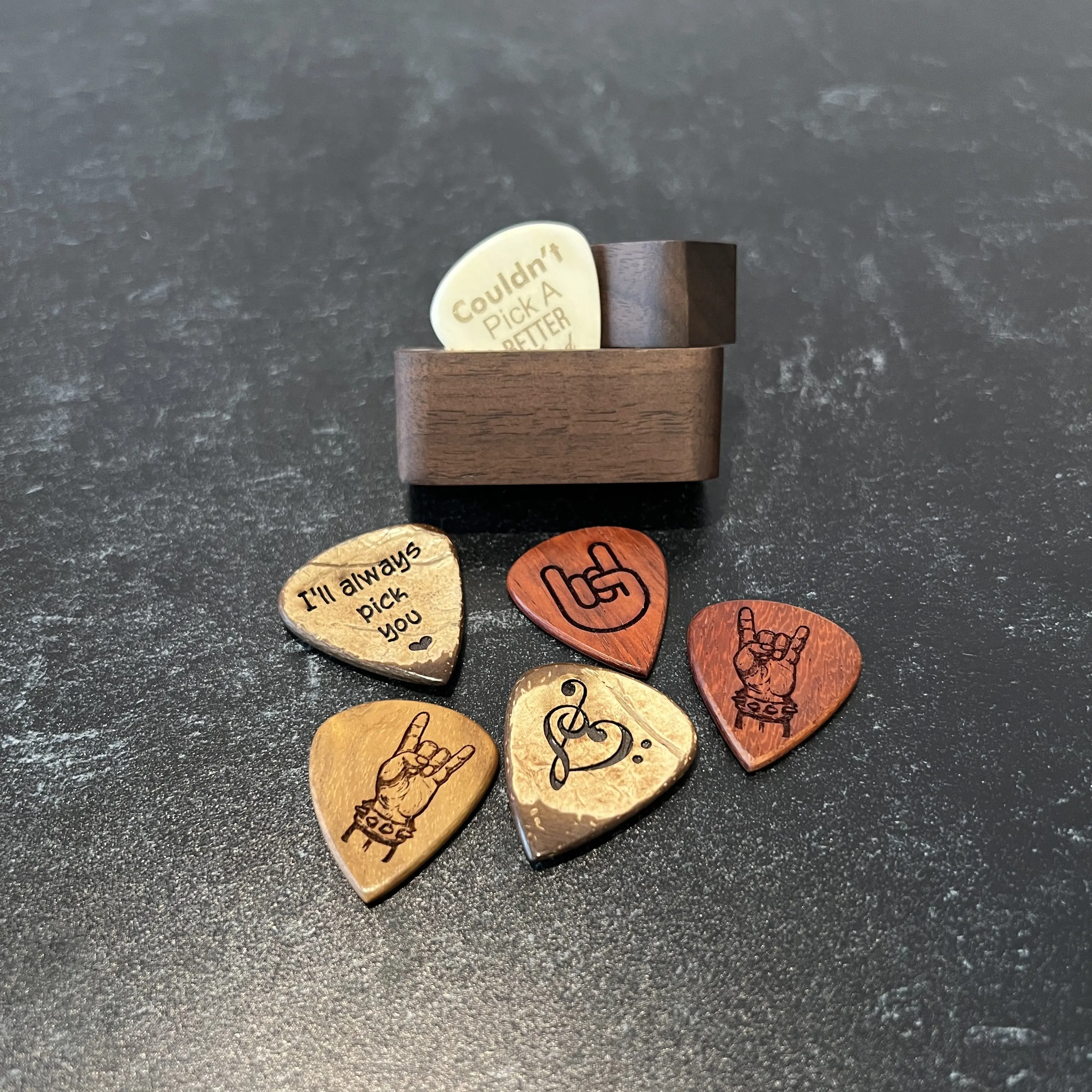 Cutest Gifts Custom Engraved Wood or Bone Guitar Pick with Magnetic Wood Box