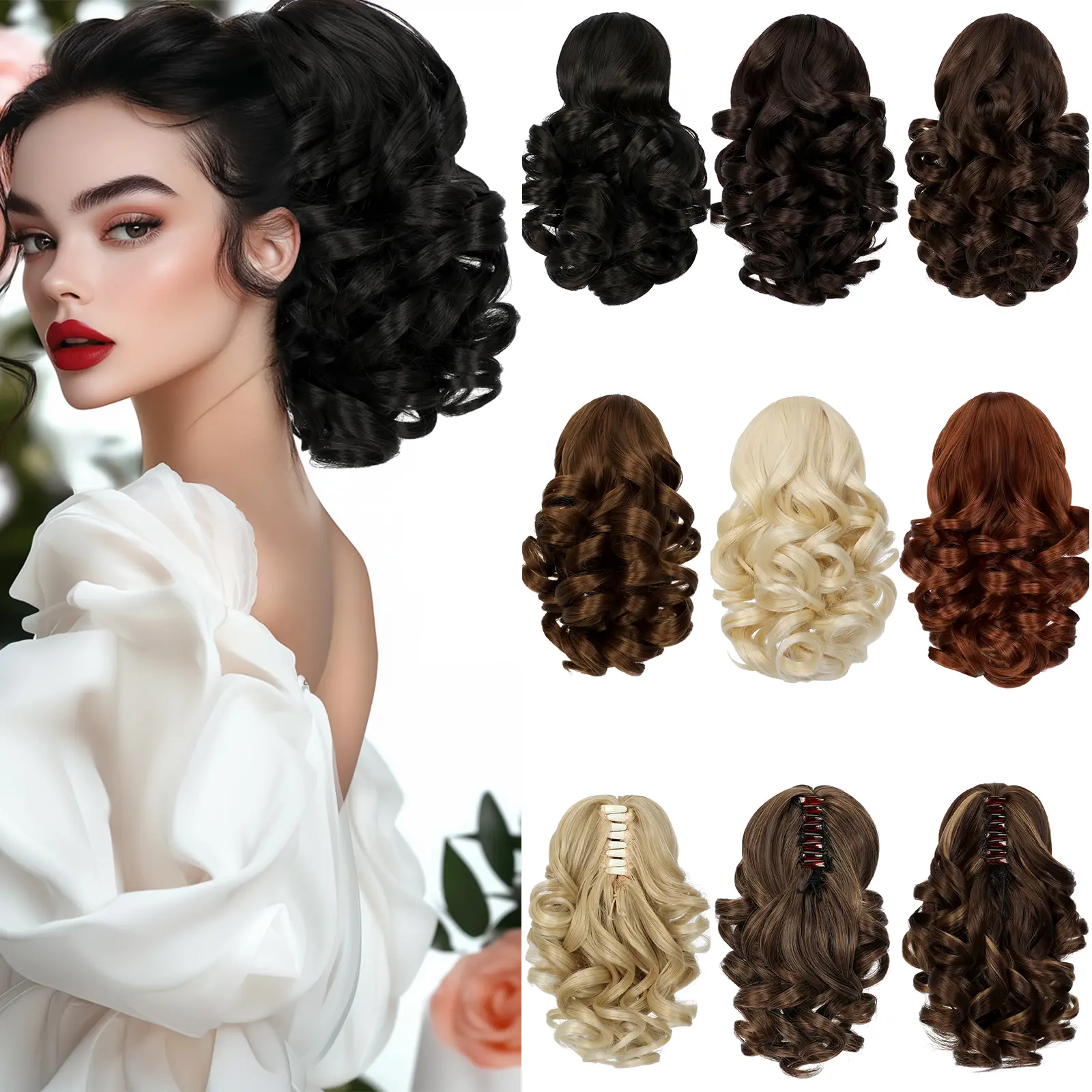 Dulchany Ponytail Extension 9" Short Claw Ponytail Extension Wavy Curly Jaw Clip in Pony tails Hair Extension Natural Synthetic Hairpiece for Women
