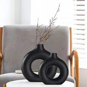 Black Ceramic Vases Set of 2 - Modern Design for  Decor, Farmhouse Living Room, Kitchen, Bedroom, Mantle, Coffee, Dining Table & Decoration