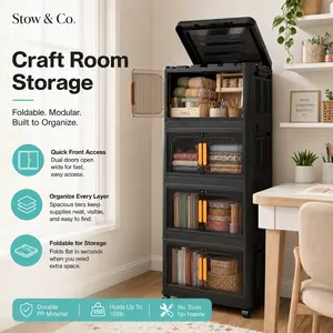 Home Essentials 5-Tier Folding Storage Cabinet, Black 20" Wide Plastic Storage Organizer with Magnetic Door & Wheels, Collapsible Storage Bins, Dustproof Room Storage Cabinet for Bedroom, Kitchen, Living Room, Dorm, Apartment, Gaming Room & Tool Room