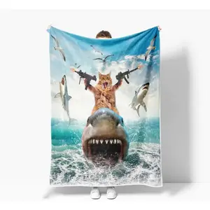 FFunny Cat Throw Blanket for Kids Farmhouse Cool Cat Riding Shark on Blue Ocean Fleece Throw Blanket Soft Cozy Lightweight Couch Sofa Bed Blanket, Cute Animal Blanket, TikTok Made Me Buy It, Christmas Birthday Gift, Home Decor Gift for Kids