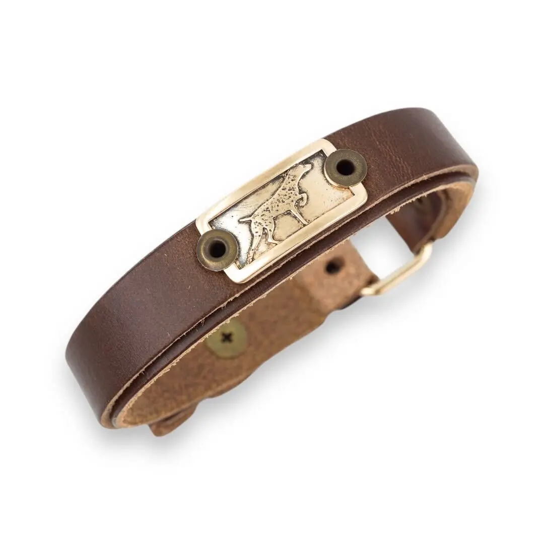 Pointing Dog Hunting Bracelet, Hammered Bronze Badge on Brown Leather Cuff, Adjustable Skinny