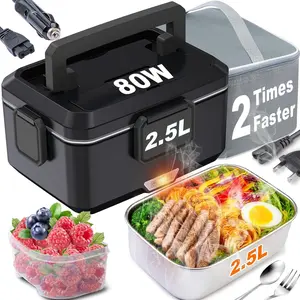 Electric Lunch Box for Adults 2.5L 80W Portable Heated Lunch Box for Men 3 in 1 Portable  Warmer 110V/12V/24V Removable Stainless Steel Container & Big Bag(2.5L-Black)