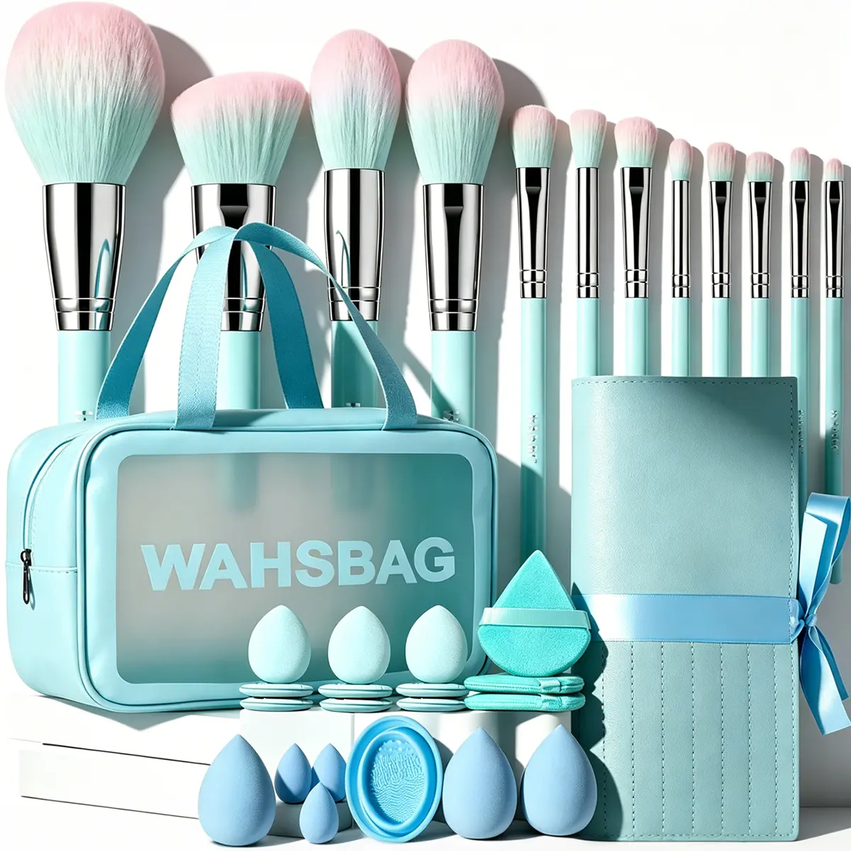 Mint Gradient Blue All-In-One Makeup Tools Set Cosmetic Brushes Beauty Sponges Triangle Powder Puffs Silicone Cleaner Bowl Bow Decor Brush Pouch Transparent Handheld Washbag for Daily & Travel