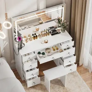 43" Vanity Desk With Large LED Lighted Mirror & Glass Top, 3 Color Lights & Adjustable, Come With Stool, Power Outlet, 9 Drawers For Storage, Bedroom Vanity Set For Girls Women, Halloween & Thanksgiving