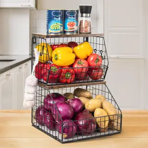 NEW Fruit Basket, Stackable Wall Mounted Fruit Baskets, Potato Basket Onion Storage for Kitchen, Hanging Wire Basket with Wood Lid, 2-Tier Vegetable Organizer Kitchen Countertop Organization