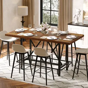 LITTLE TREE Rectangular Counter Height Dining Table with Metal Footrest for 6 People, 35.43" Tall (Rustic Brown)