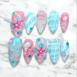 Summer Blue Ocean Press on Nails Luxury 3D Mermaid with 3D Shell & Pearls Long Square Handmade Nails Art Gif For Her