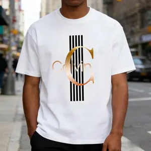 【2Pcs 100% Cotton】Men'S Graphic T-Shirt - Bold Letter Print with Black Stripes & Golden Accents, Breathable Round Neck Summer Streetwear, Machine Washable, Comfortable Everyday Fashion Tee, Everyday Tshirt|Bold Letter Print, T Shir Cotton