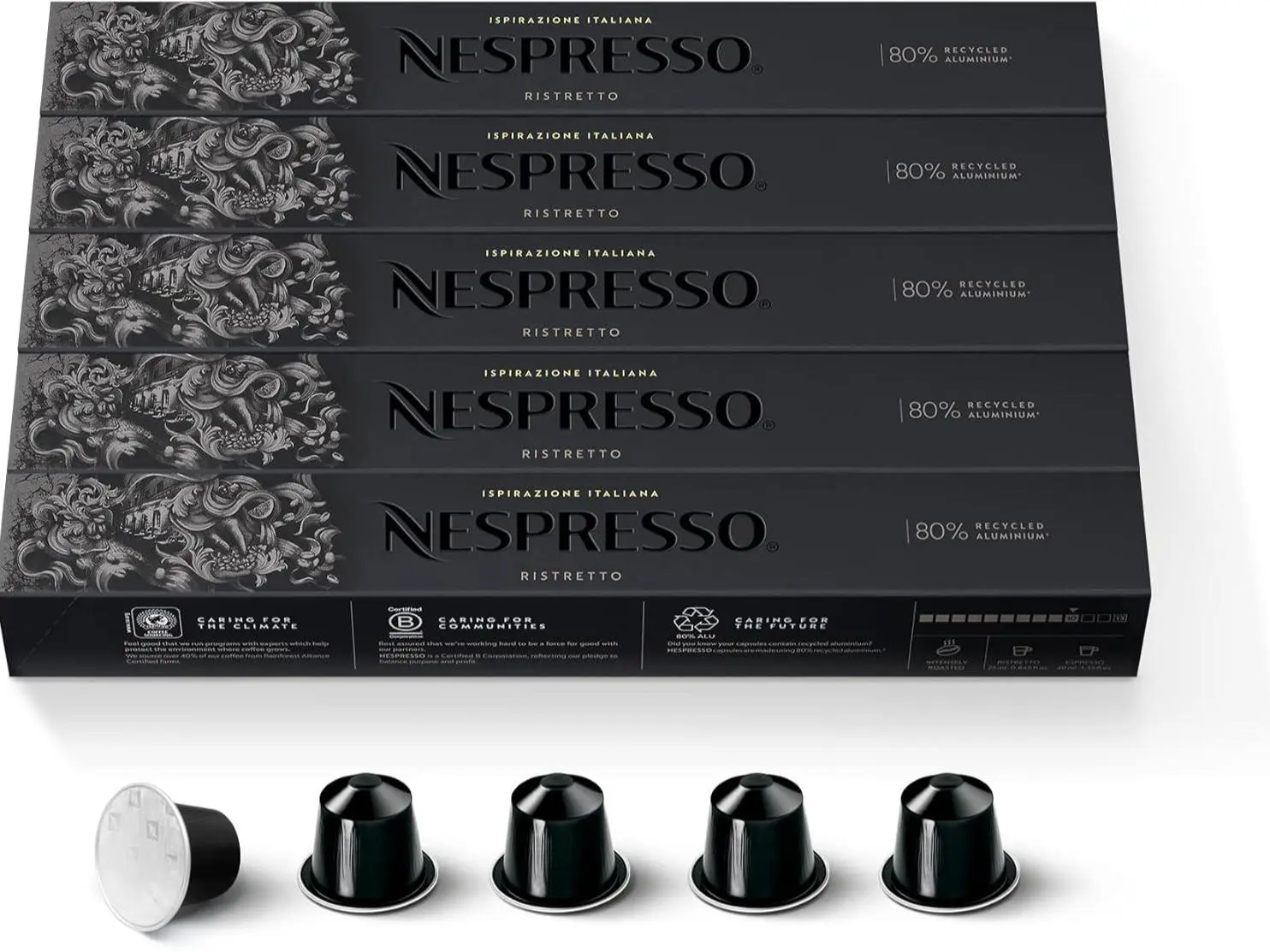 NESPRESSO Original Espresso Sugar Free Roasted Coffee Grounds Single-Serve Capsules & Pods - 50-Pack Inspirazione Ristretto, Rich Robusta Beans, Medium Roast, For Nespresso Machines, 12-Month Shelf Life, Recyclable, Cupboard Storage Compatible, ~2Kcal/Cap