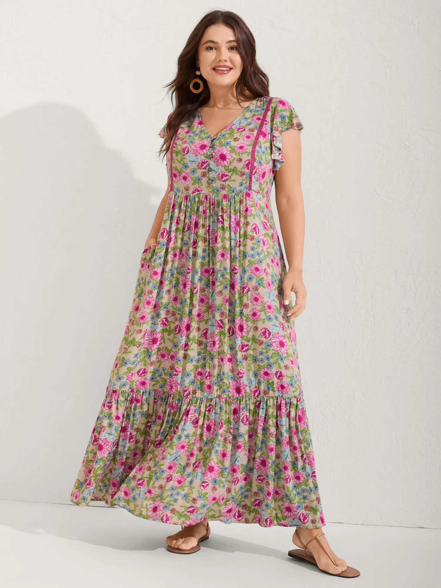 BLOOMCHIC Women's Casual Boho Floral Lace-Trim Tiered Maxi Dress - Cap Sleeves, Fit Design, Pocket, Casual Wear, Boho Outfits for Summer Swimweek, Summerfinds