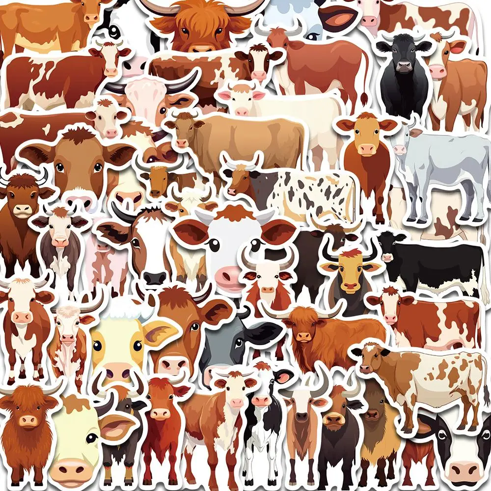 Cow Pattern Sticker, 50pcs/set Creative Cute Cartoon Animal Decorative Sticker, Decals for Water Bottle, Laptop, Cellphone, Phone Case, Scrapbooking, Journal Making, Durable